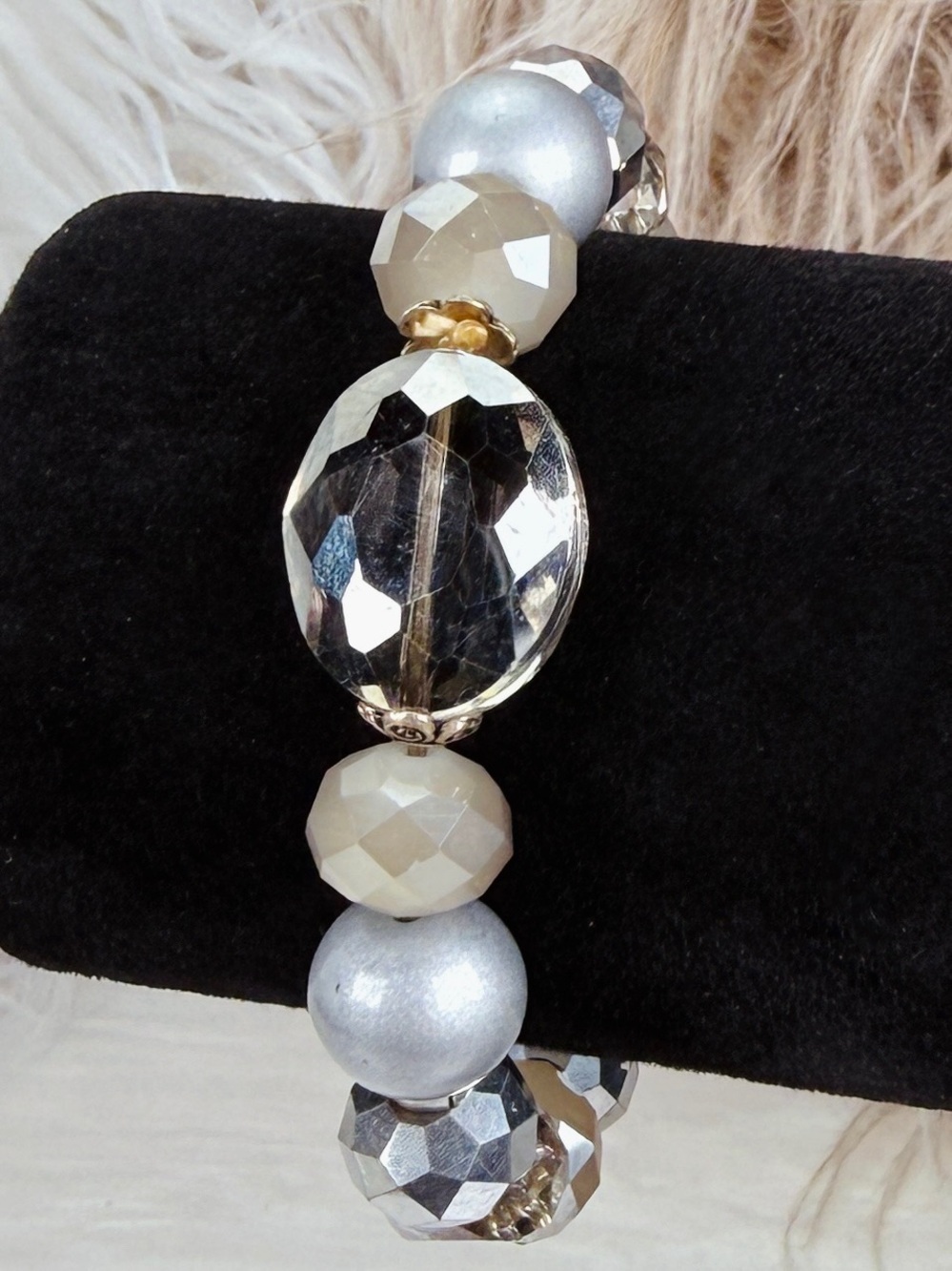 Silvertone and Champagne Beaded Stretch Bracelet